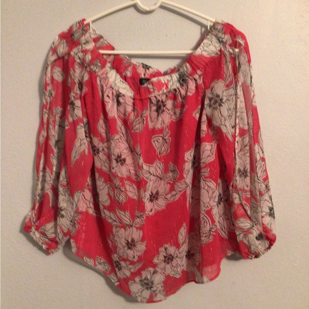 INC Woman’s Pink,White, Black Floral Print Blouse with Silver Threading. Size M